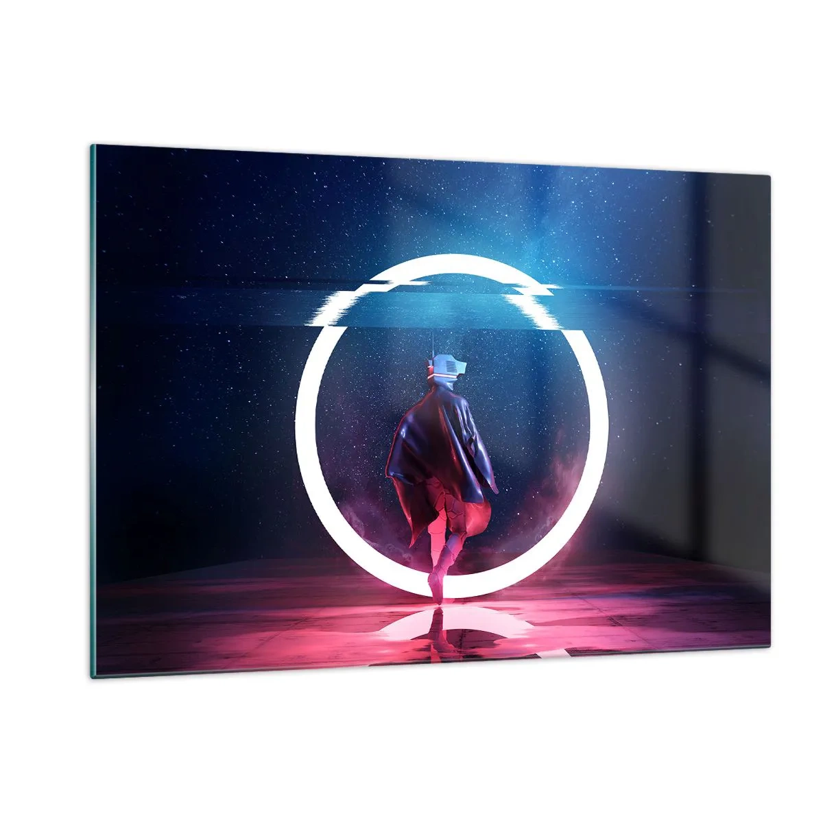 Glasbild - Bild auf glas - Eine Figur in futuristischem Setting mit Neonring - 120x80cm - Zwischen den Welten - Moderne Wanddekoration für Wohnzimmer und Schlafzimmer ARTTOR