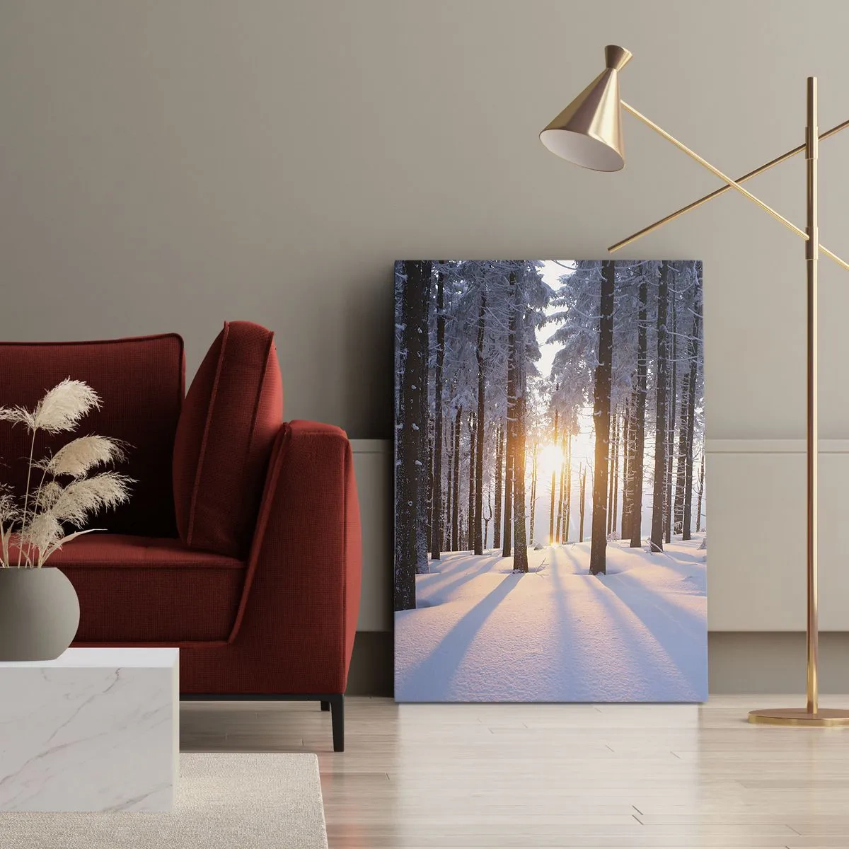 Bild auf Leinwand - Leinwandbild - Winterwald, beleuchtet von den Sonnenstrahlen - 80x120cm - Ganz klar schwarz auf weiß - Moderne Wanddekoration für Wohnzimmer und Schlafzimmer ARTTOR