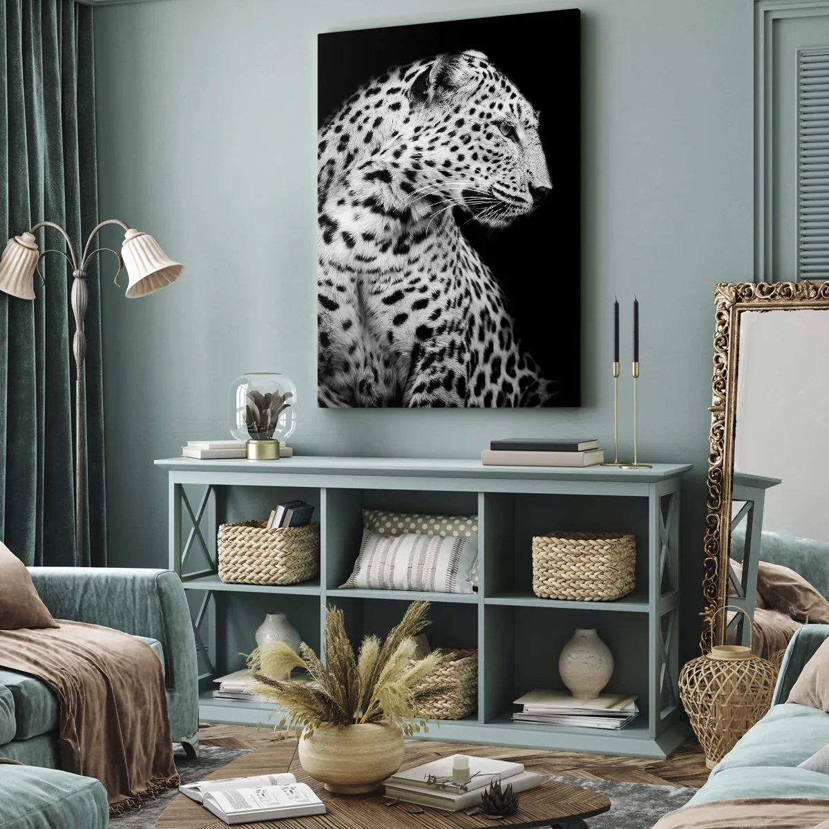 Bild auf Leinwand - Leinwandbild - Schwarz-Weiß-Bild eines Leoparden auf schwarzem Hintergrund - 70x100cm - Rechtes Profil perfekt! - Moderne Wanddekoration für Wohnzimmer und Schlafzimmer ARTTOR