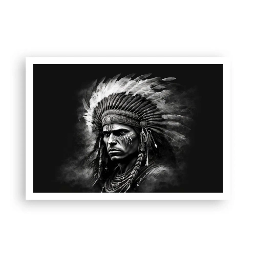 Poster - Porträt eines Häuptlings mit Federschmuck vor schwarzem Hintergrund - 100x70cm - Anführer und Krieger - Moderne Wanddekoration für Wohnzimmer und Schlafzimmer ARTTOR