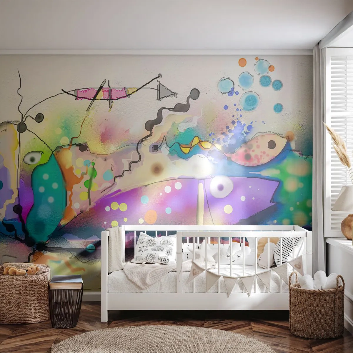 Fototapete Premium Sand - Bunte Abstraktion mit surrealen Fischen und Linien - 100x70cm - Es fehlen die Worte! - Moderne Wanddekoration für Wohnzimmer und Schlafzimmer ARTTOR