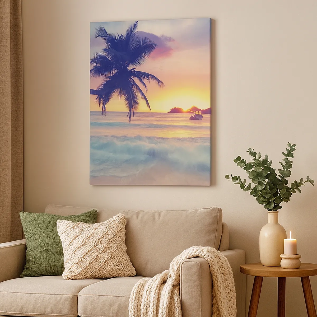Bild auf Leinwand - Leinwandbild - Strand mit Palmen und Sonnenuntergang über dem Meer - 50x70cm - Ein Abend in der Bucht - Moderne Wanddekoration für Wohnzimmer und Schlafzimmer ARTTOR