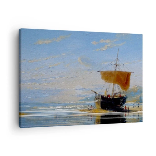 Bild auf Leinwand - Leinwandbild - Ein Schiff an der Küste an einem sonnigen Tag - 70x50cm - Wasser, Land, Luft - Moderne Wanddekoration für Wohnzimmer und Schlafzimmer ARTTOR