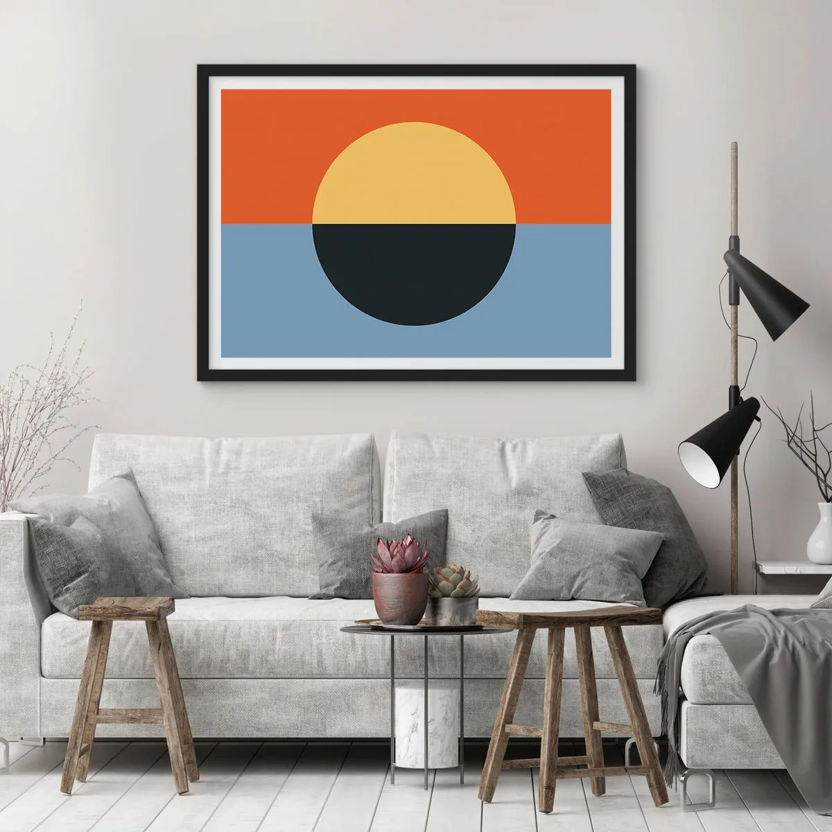 Poster in einem schwarzem Rahmen - Geometrische Abstraktion mit kontrastierenden Farben - 70x50cm - Eine Komposition aus Wärme und Kühle - Moderne Wanddekoration für Wohnzimmer und Schlafzimmer ARTTOR