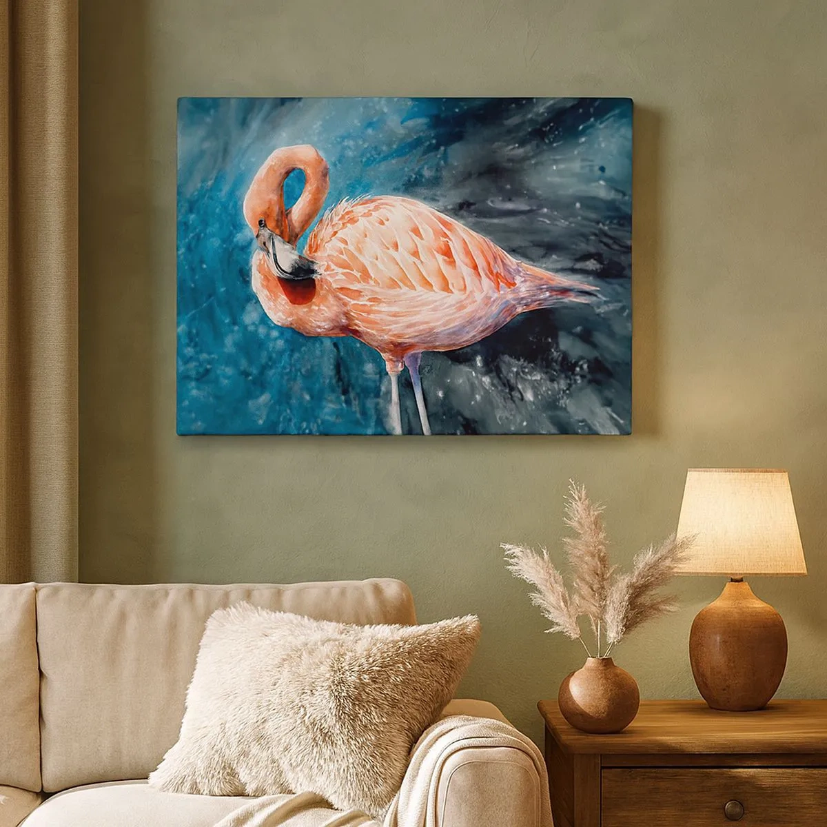 Bild auf Leinwand - Leinwandbild - Ein rosa Flamingo auf einem aquarellblauen Hintergrund - 70x50cm - Von Natur aus dekorativ - Moderne Wanddekoration für Wohnzimmer und Schlafzimmer ARTTOR