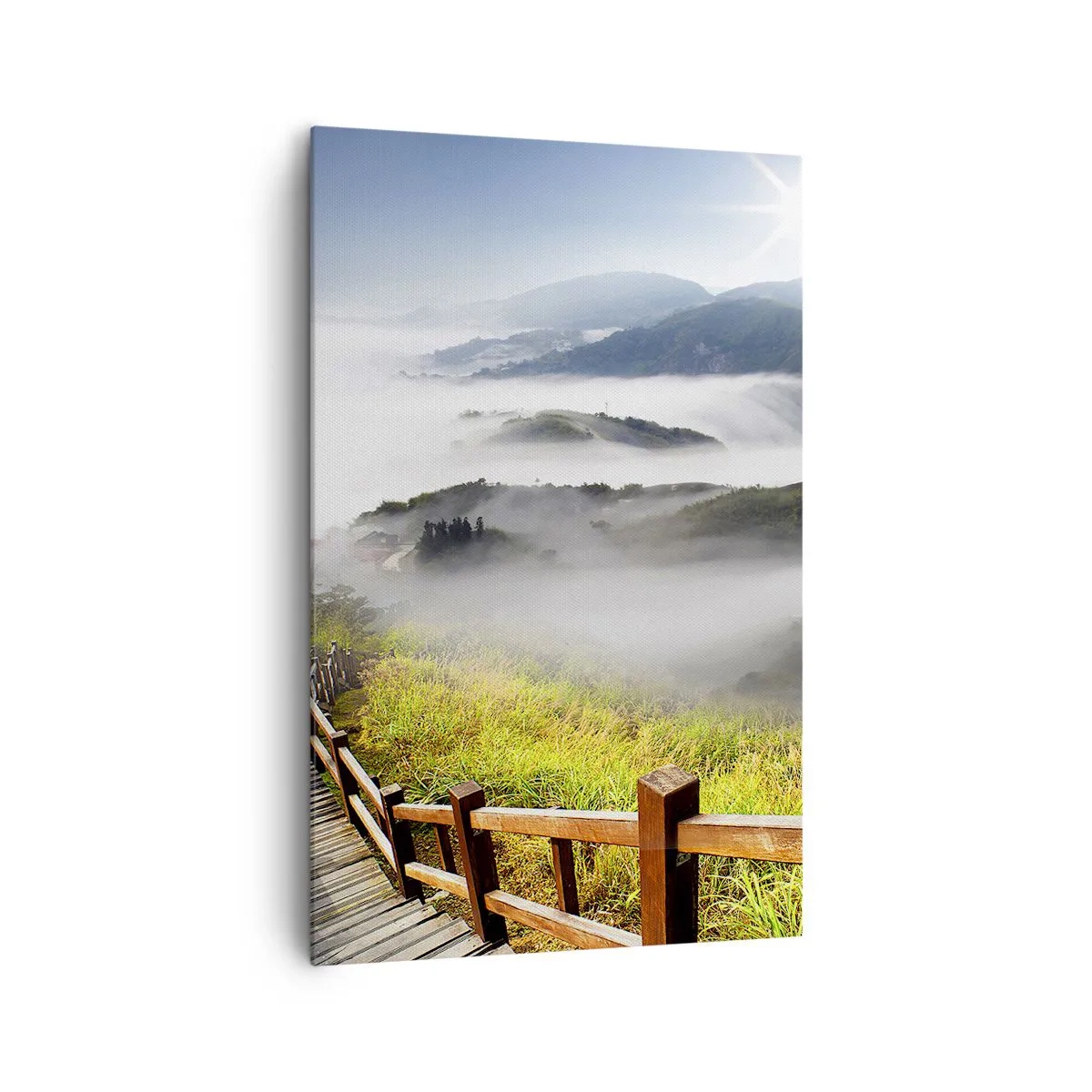 Bild auf Leinwand - Leinwandbild - Ein Holzpfad zwischen den nebligen Bergen am Morgen - 80x120cm - Gewebt aus Lichtschein und Nebel - Moderne Wanddekoration für Wohnzimmer und Schlafzimmer ARTTOR