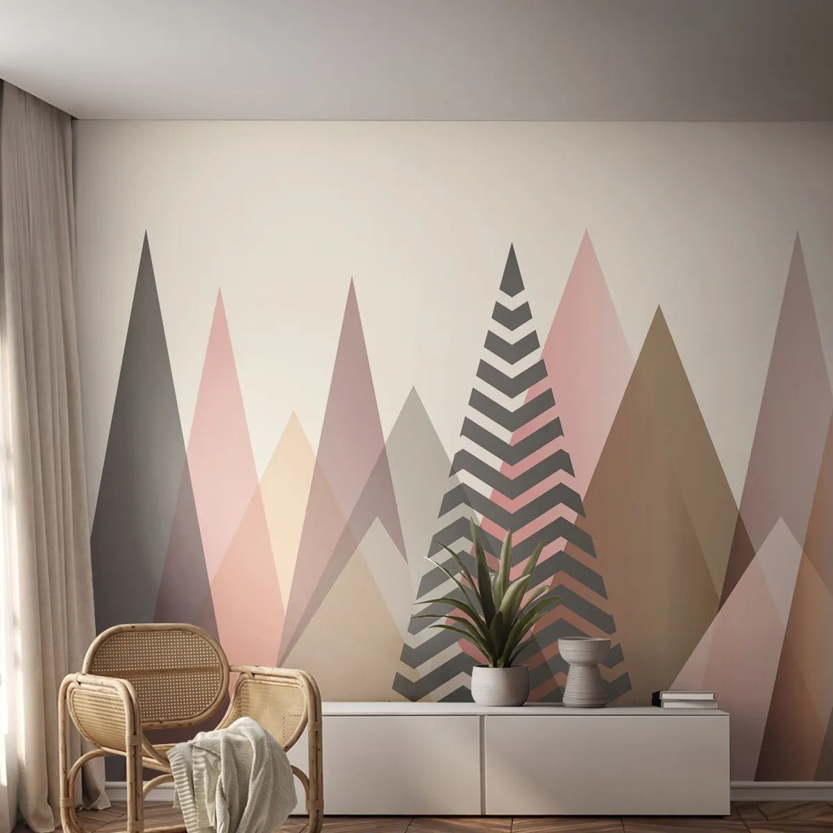 Fototapete Premium Sand - Abstrakte geometrische Berge in Pastellfarben - 100x70cm - Pyramidale Aussicht - Moderne Wanddekoration für Wohnzimmer und Schlafzimmer ARTTOR
