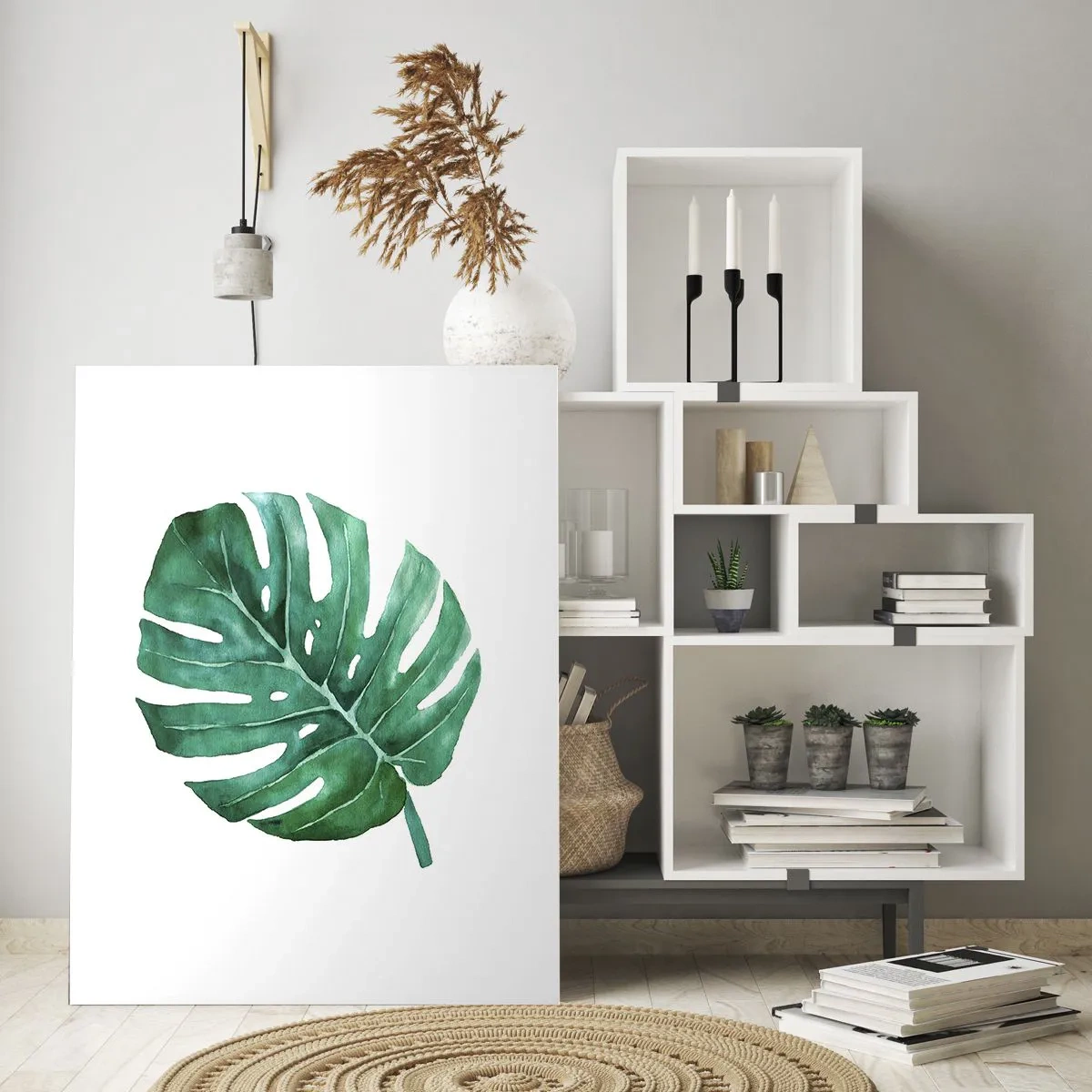 Glasbild - Bild auf glas - Grünes Monstera-Blatt auf weißem Hintergrund - 50x70cm - Grünes Konzept - Moderne Wanddekoration für Wohnzimmer und Schlafzimmer ARTTOR
