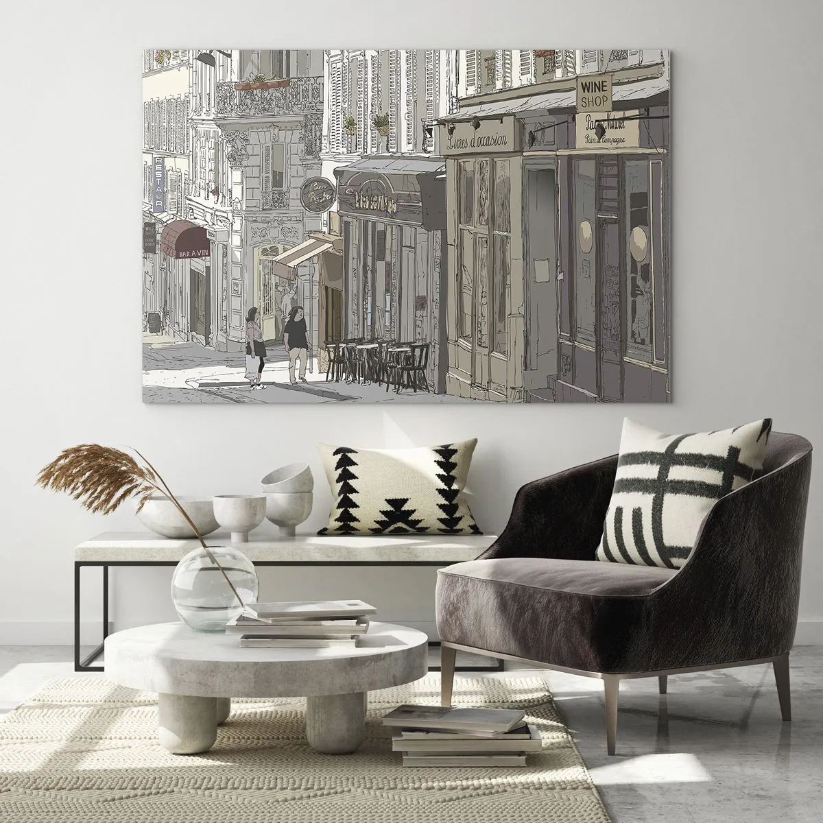Glasbild - Bild auf glas - Eine Straße mit Cafés im künstlerischen urbanen Stil - 70x50cm - Stadtfreuden - Moderne Wanddekoration für Wohnzimmer und Schlafzimmer ARTTOR