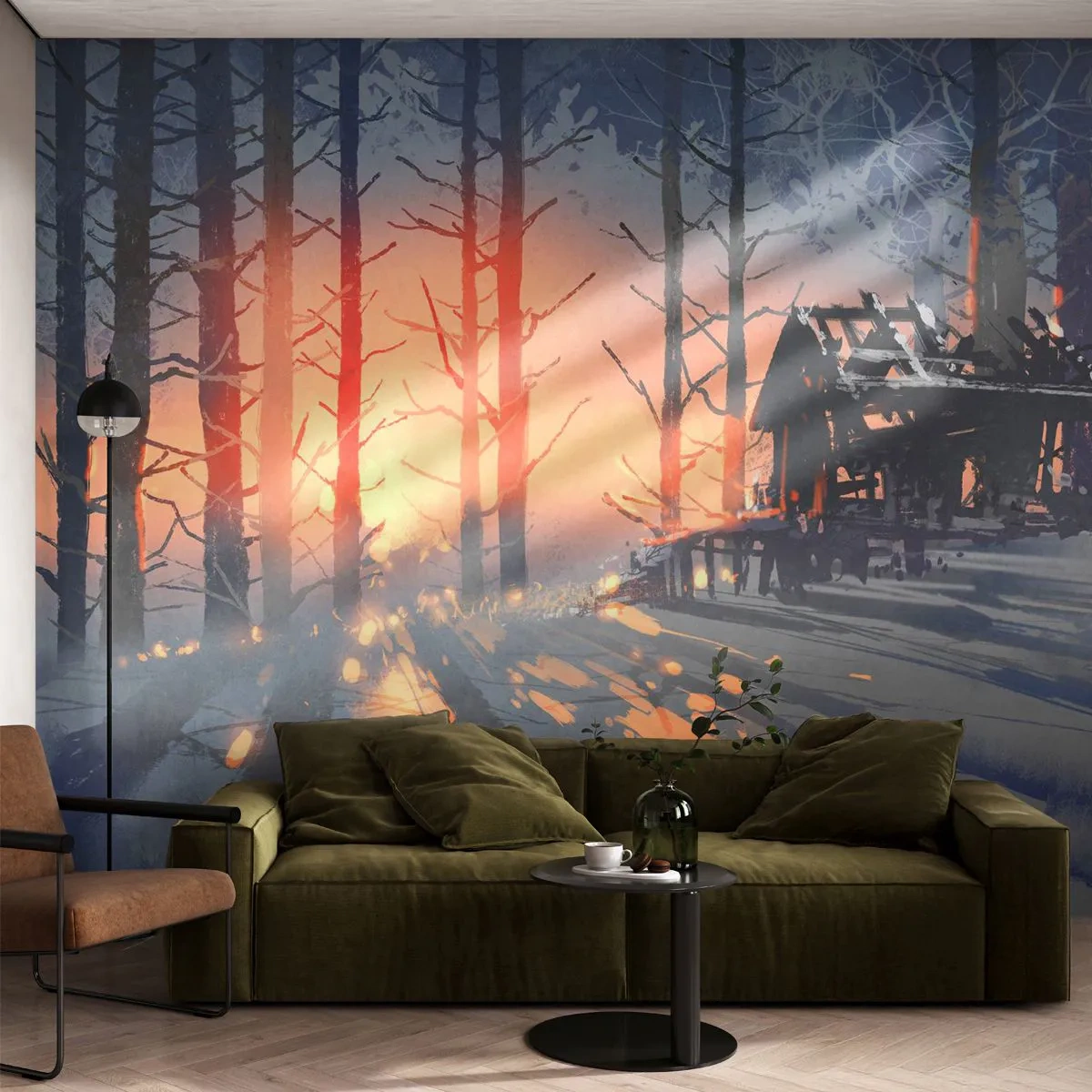 Fototapete Premium Canvas - Ein Waldhäuschen in einer Winterlandschaft mit den Strahlen der untergehenden Sonne - 100x70cm - Hier sieht nur die Sonne rein - Moderne Wanddekoration für Wohnzimmer und Schlafzimmer ARTTOR