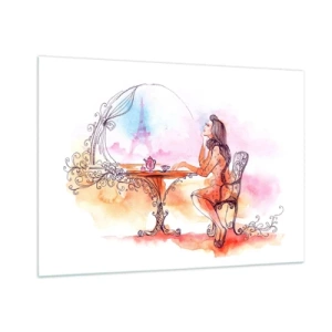 Glasbild - Bild auf glas - Eine Frau an einem Tisch mit Blick auf den Eiffelturm in Pastelltönen - 100x70cm - Pariser Chic - Moderne Wanddekoration für Wohnzimmer und Schlafzimmer ARTTOR