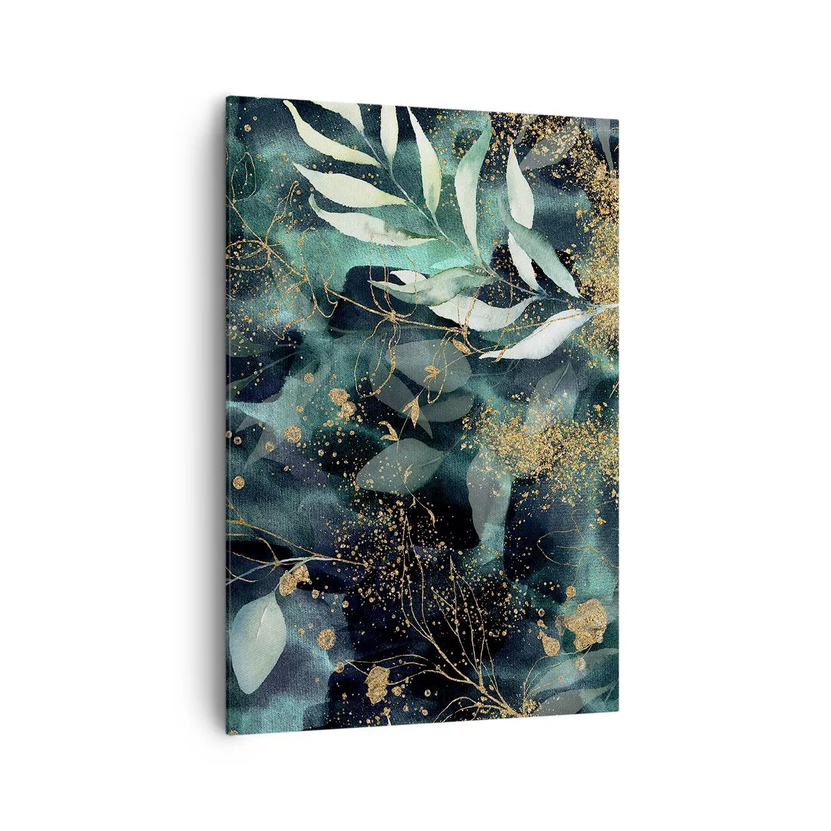 Bild auf Leinwand - Leinwandbild - Elegante Blätter auf dunklem Hintergrund mit goldenen Akzenten - 70x100cm - Zaubergarten - Moderne Wanddekoration für Wohnzimmer und Schlafzimmer ARTTOR