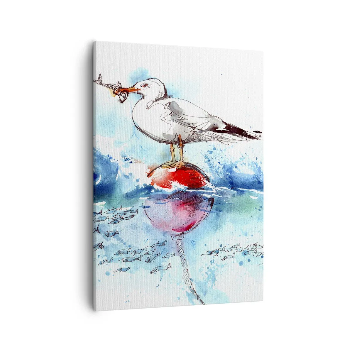 Bild auf Leinwand - Leinwandbild - Möwe auf einer Boje mit Fischen im Hintergrund im Aquarellstil - 50x70cm - Erfolgreicher Fang - Moderne Wanddekoration für Wohnzimmer und Schlafzimmer ARTTOR