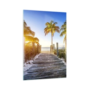 Glasbild - Bild auf glas - Holzweg am Strand mit Palmen im Hintergrund - 70x100cm - Direkt ins Paradies - Moderne Wanddekoration für Wohnzimmer und Schlafzimmer ARTTOR