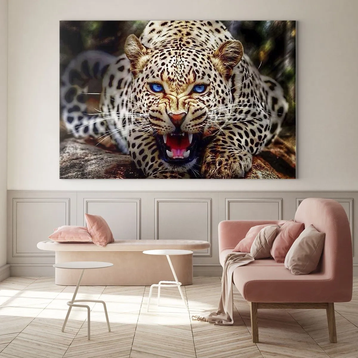 Glasbild - Bild auf glas - Ein wilder blauäugiger Leopard in freier Wildbahn - 100x70cm - Schönheitswut tut nicht weh - Moderne Wanddekoration für Wohnzimmer und Schlafzimmer ARTTOR