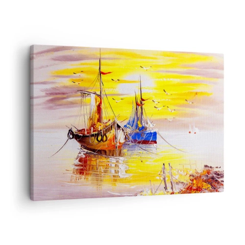 Bild auf Leinwand - Leinwandbild - Eine malerische Szene von Booten auf ruhiger See - 70x50cm - Eine wohlverdiente Pause im Hafen - Moderne Wanddekoration für Wohnzimmer und Schlafzimmer ARTTOR