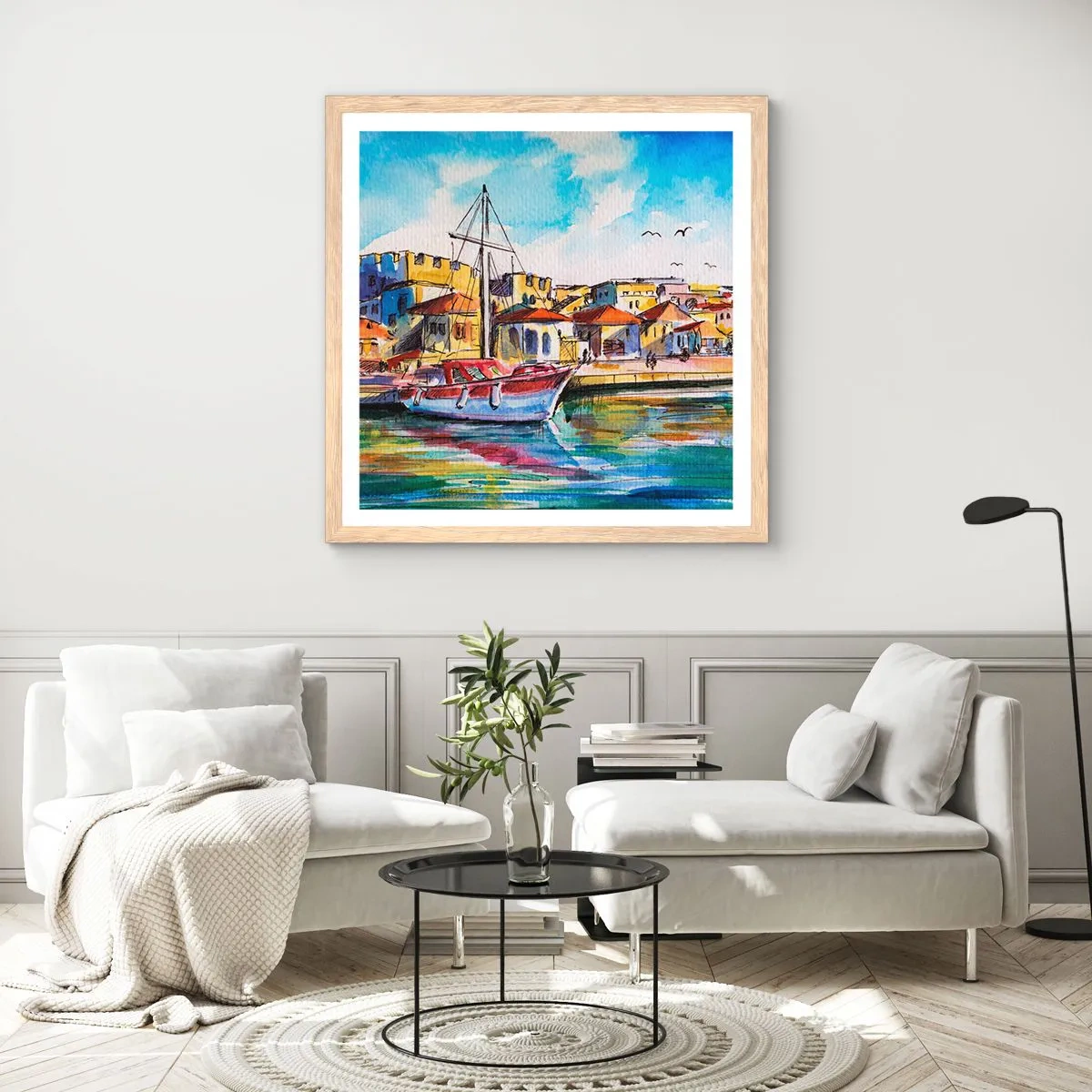 Poster in einem Rahmen aus heller Eiche - Regenbogennachmittag - 30x30 cm