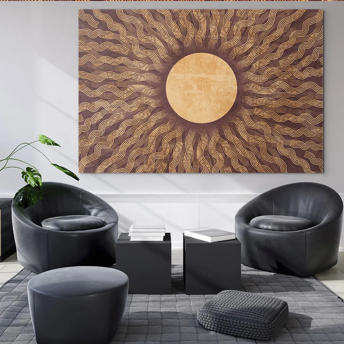 Glasbild - Bild auf glas - Eine stilisierte Sonne mit Strahlen in Form von Wellenlinien auf braunem Hintergrund. - 70x50cm - Sonnensymbol - Moderne Wanddekoration für Wohnzimmer und Schlafzimmer ARTTOR