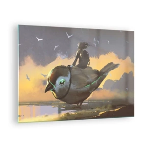 Glasbild - Bild auf glas - Eine Figur auf einem riesigen Vogel im Licht der untergehenden Sonne - 70x50cm - Ein Stopp auf einer fantastischen Reise - Moderne Wanddekoration für Wohnzimmer und Schlafzimmer ARTTOR