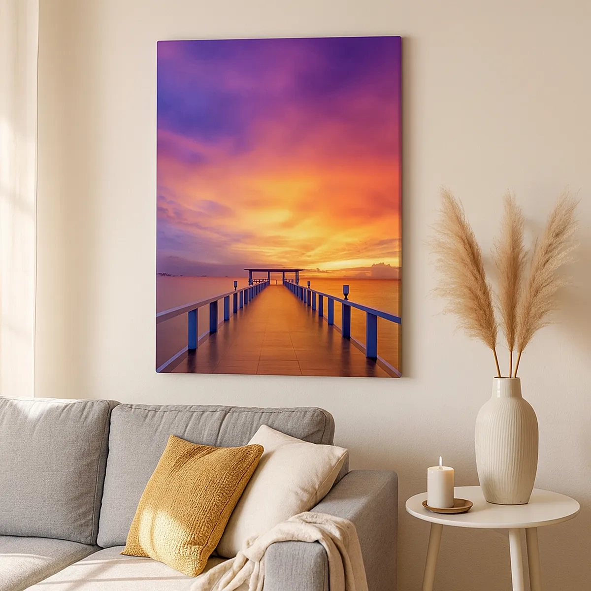 Bild auf Leinwand - Leinwandbild - Ein Steg, der bei Sonnenuntergang aufs Meer hinausführt - 50x70cm - Ohne Ende - Moderne Wanddekoration für Wohnzimmer und Schlafzimmer ARTTOR