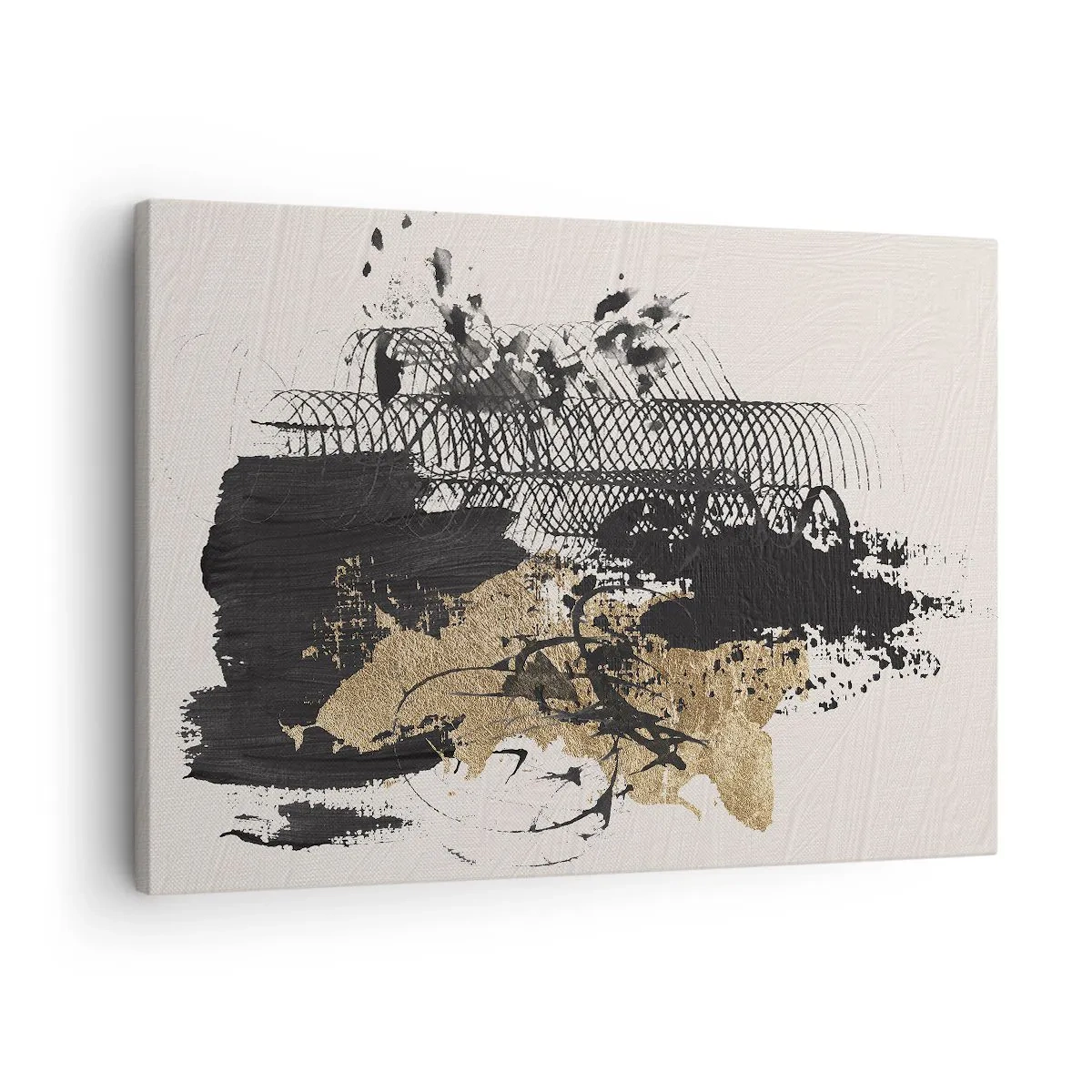 Bild auf Leinwand - Leinwandbild - Ein abstraktes Gemälde in Schwarz und Gold mit dynamischen Linien und Strukturen. - 70x50cm - Komposition mit Leidenschaft - Moderne Wanddekoration für Wohnzimmer und Schlafzimmer ARTTOR