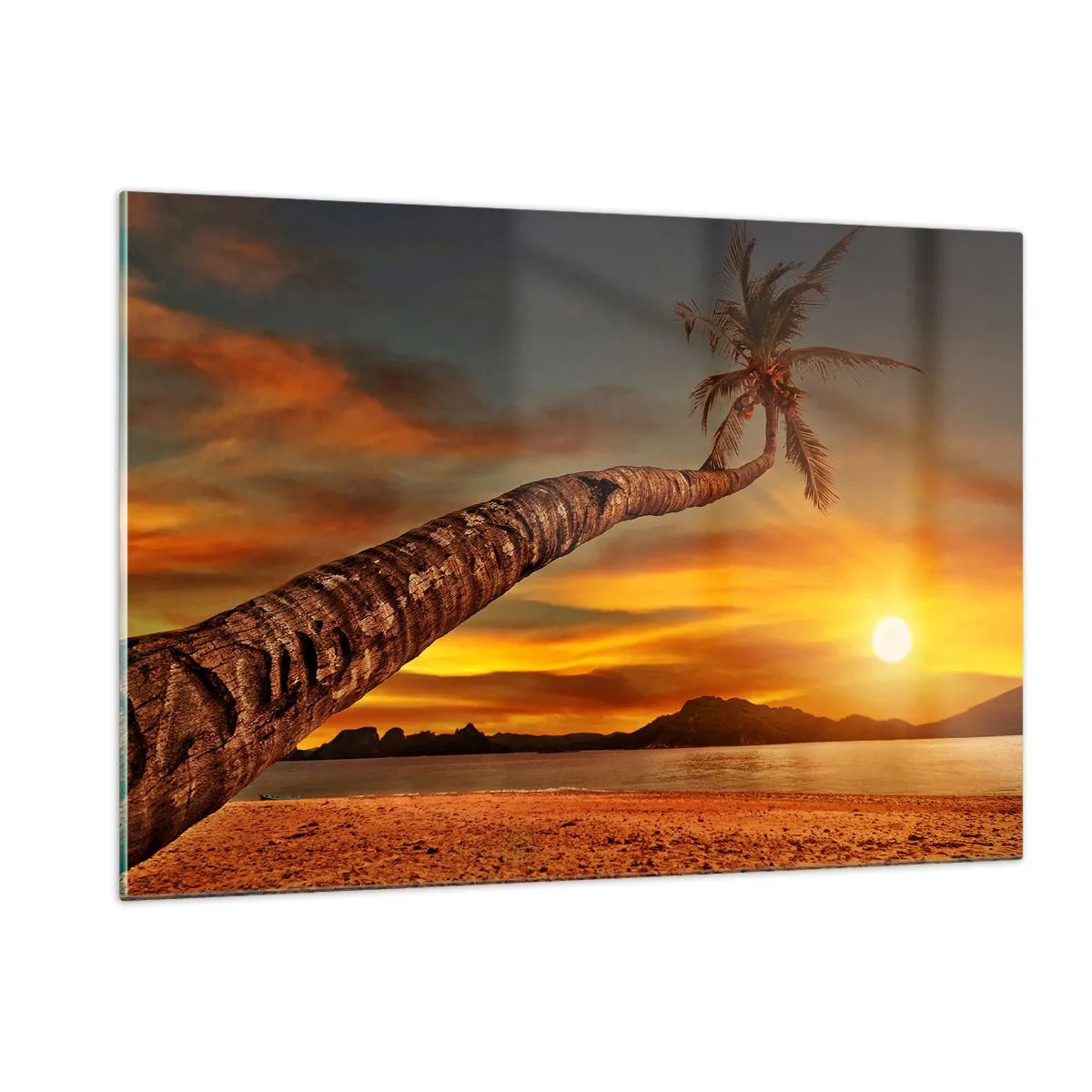 Glasbild - Bild auf glas - Palme an einem tropischen Strand bei Sonnenuntergang - 120x80cm - Exotischer Urlaub, karibisches Abenteuer - Moderne Wanddekoration für Wohnzimmer und Schlafzimmer ARTTOR