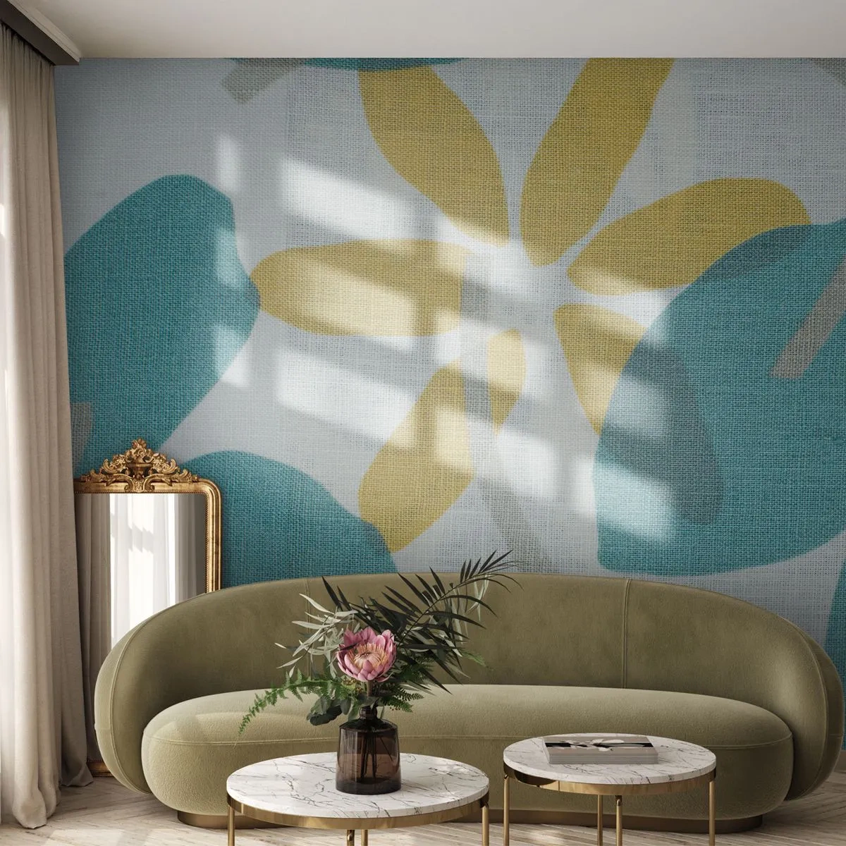 Fototapete Premium Sand - Azurgelbe Blätter und Blüten auf hellem Untergrund - 100x70cm - Unter den azurblauen Blättern - Moderne Wanddekoration für Wohnzimmer und Schlafzimmer ARTTOR