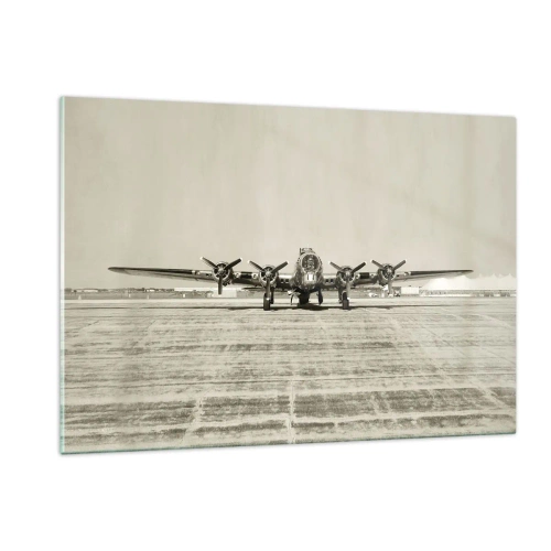 Glasbild - Bild auf glas - Historisches Flugzeug auf dem Flughafen im Sepia-Stil - 120x80cm - Wie immer bereit - Moderne Wanddekoration für Wohnzimmer und Schlafzimmer ARTTOR