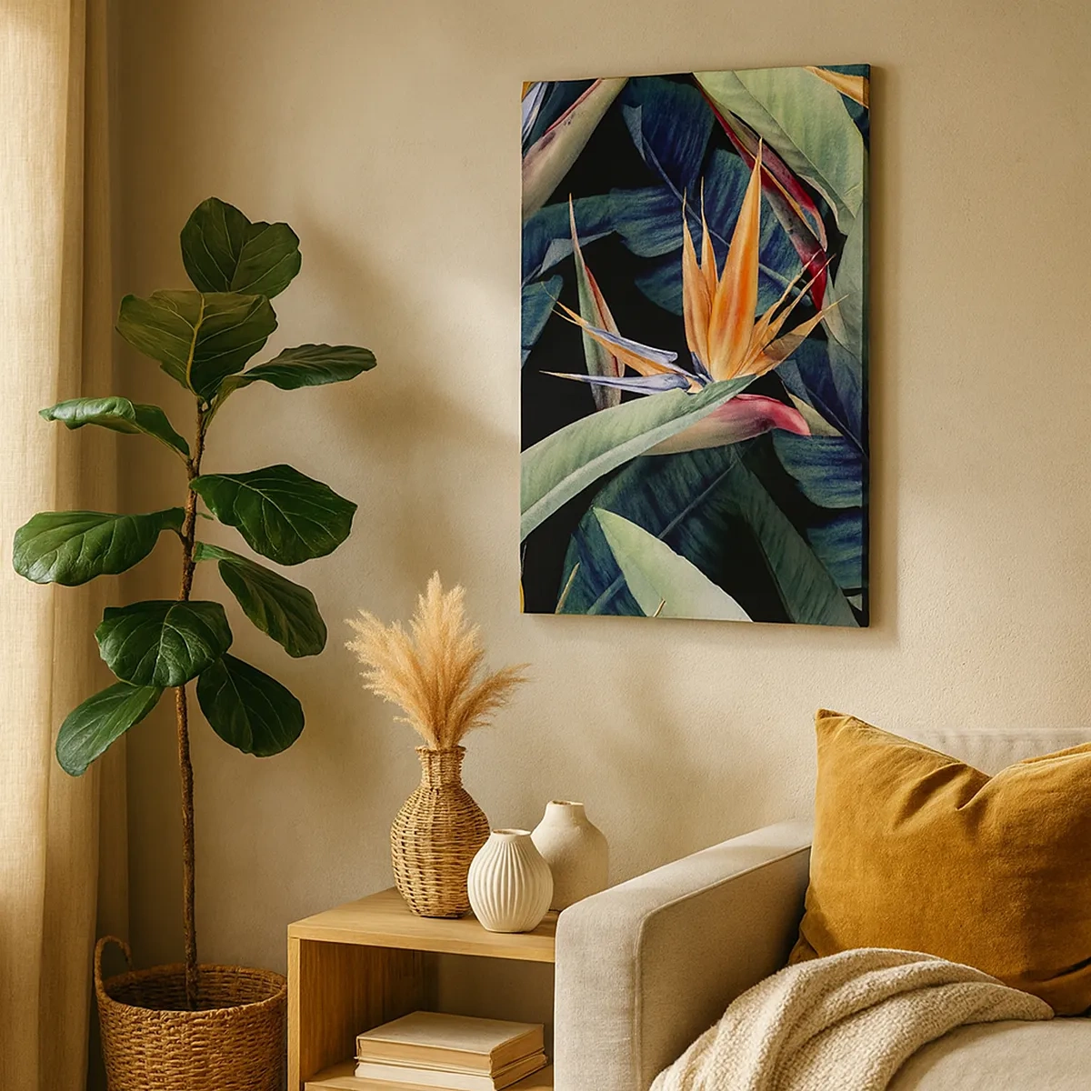 Bild auf Leinwand - Leinwandbild - Tropische Blumen und Blätter auf schwarzem Hintergrund - 50x70cm - Flammende Blumen der Tropen - Moderne Wanddekoration für Wohnzimmer und Schlafzimmer ARTTOR