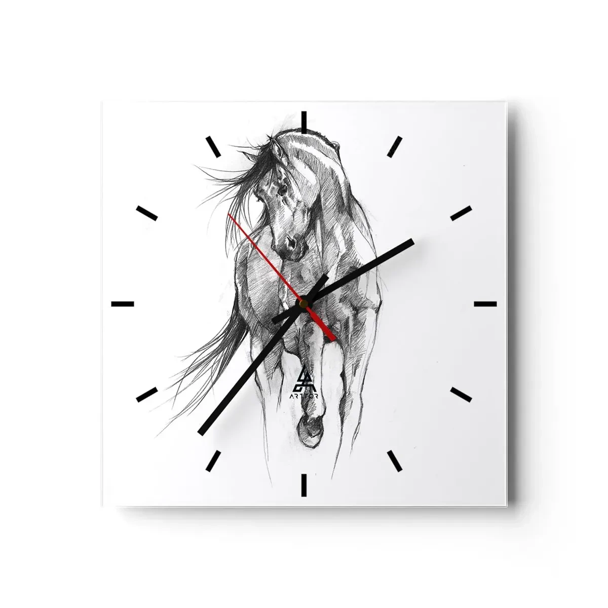 Wanduhr - Glasuhr - Schwarz-Weiß-Skizze eines galoppierenden Pferdes - 30x30cm - Im anmutigen Trab - Moderne Wanddekoration für Wohnzimmer und Schlafzimmer ARTTOR