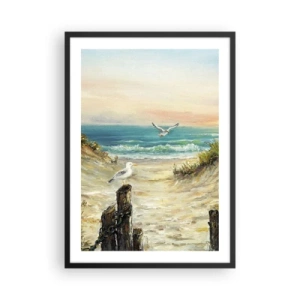 Poster in einem schwarzem Rahmen - Strand mit Möwen und Wellen bei Sonnenuntergang - 50x70cm - Windlose Abgeschiedenheit - Moderne Wanddekoration für Wohnzimmer und Schlafzimmer ARTTOR