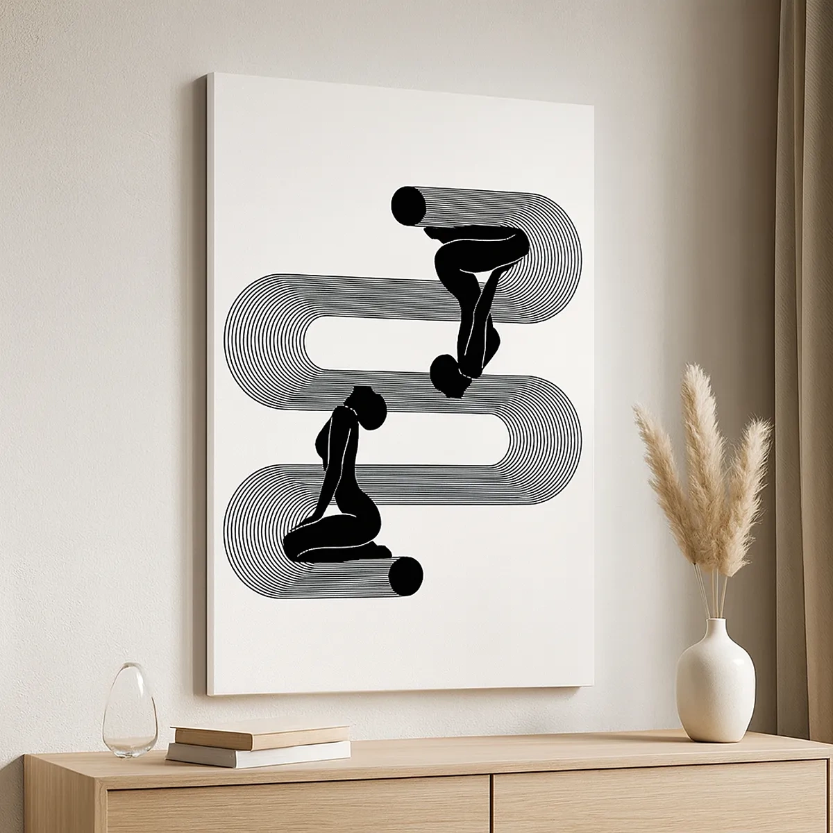 Bild auf Leinwand - Leinwandbild - Schwarze Silhouetten mit geometrischen Linien auf hellem Hintergrund - 50x70cm - Sinnliche Symmetrie - Moderne Wanddekoration für Wohnzimmer und Schlafzimmer ARTTOR