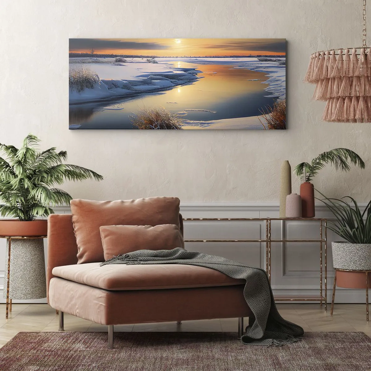 Bild auf Leinwand - Leinwandbild - Winterlandschaft mit einem Fluss bei Sonnenuntergang - 140x50cm - Wintersonnenuntergang - Moderne Wanddekoration für Wohnzimmer und Schlafzimmer ARTTOR