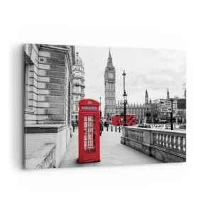 Bild auf Leinwand - Leinwandbild - Eine rote Telefonzelle mit Big Ben im Hintergrund in London - 120x80cm - London, ohne Zweifel - Moderne Wanddekoration für Wohnzimmer und Schlafzimmer ARTTOR