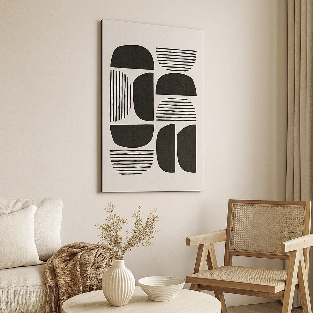 Bild auf Leinwand - Leinwandbild - Geometrie mit Halbkreisen und Linien in Schwarz auf hellem Hintergrund - 50x70cm - Halbherzige Deals - Moderne Wanddekoration für Wohnzimmer und Schlafzimmer ARTTOR