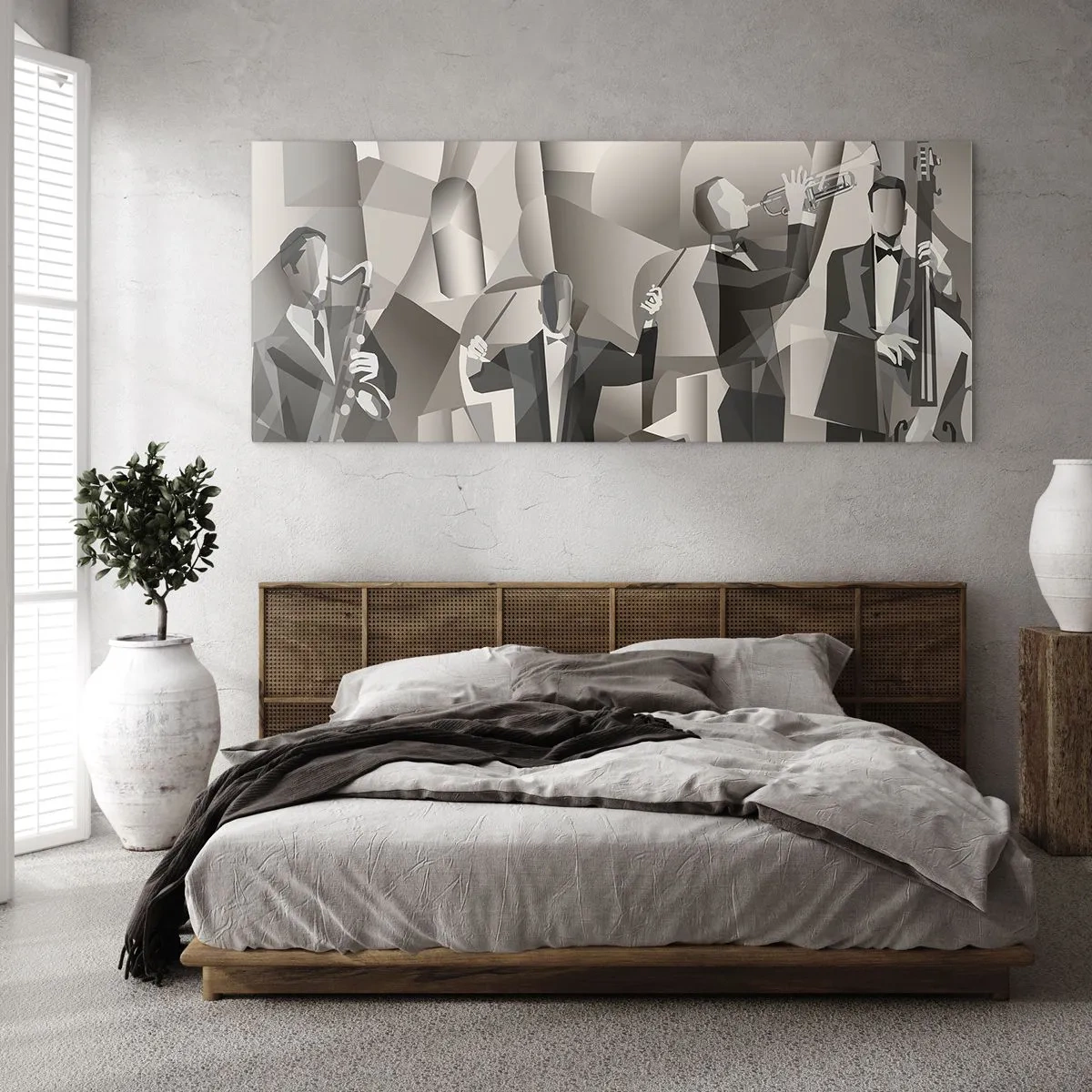 Glasbild - Bild auf glas - Abstrakte Szene mit Jazzmusikern in Grautönen. - 140x50cm - Im Raum der Klänge - Moderne Wanddekoration für Wohnzimmer und Schlafzimmer ARTTOR