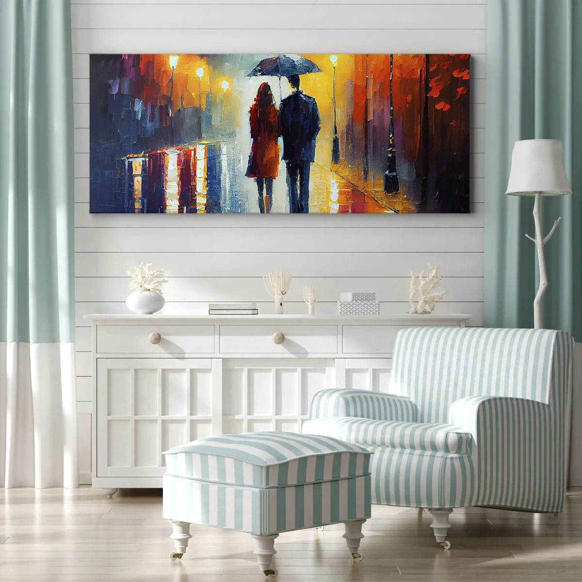 Bild auf Leinwand - Leinwandbild - Ein Paar unter einem Regenschirm, das durch eine farbenfrohe Nachtstadt spaziert - 160x50cm - Gemeinsam – eine bunte Nacht - Moderne Wanddekoration für Wohnzimmer und Schlafzimmer ARTTOR