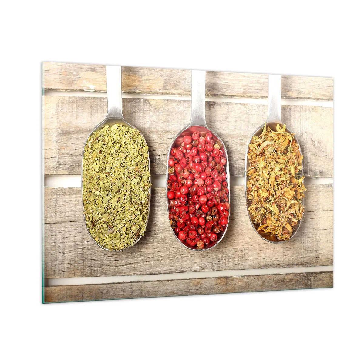 Glasbild - Bild auf glas - Drei Löffel mit Gewürzen auf rustikalem Holzhintergrund - 100x70cm - Küchenzauber - Moderne Wanddekoration für Wohnzimmer und Schlafzimmer ARTTOR