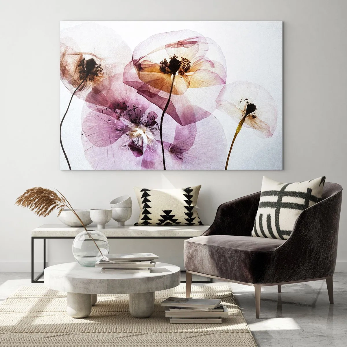 Glasbild - Bild auf glas - Zarte Blüten in transparenten Pastellfarben auf hellem Untergrund - 120x80cm - Transparente Körperblumen - Moderne Wanddekoration für Wohnzimmer und Schlafzimmer ARTTOR