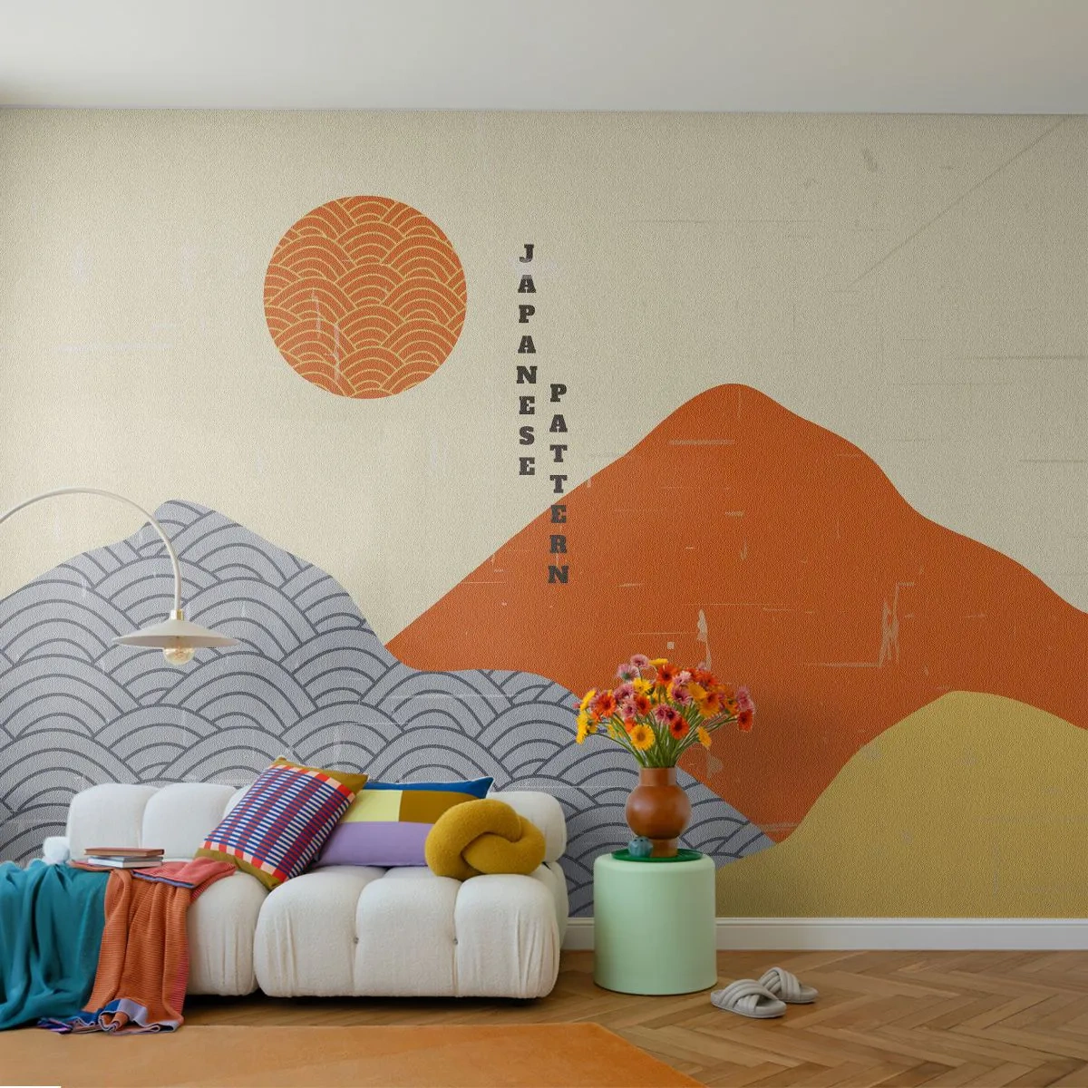Fototapete Premium Sand - Japanisches Muster mit Bergen und Sonne im geometrischen Stil - 100x70cm - Im japanischen Geist - Moderne Wanddekoration für Wohnzimmer und Schlafzimmer ARTTOR