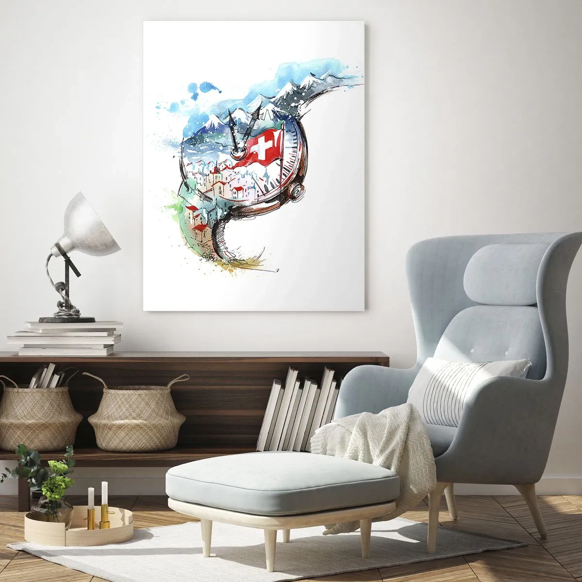 Glasbild - Bild auf glas - Eine Aquarelllandschaft der Schweiz im Uhrwerk-Design - 80x120cm - Der Geist der Schweiz - Moderne Wanddekoration für Wohnzimmer und Schlafzimmer ARTTOR