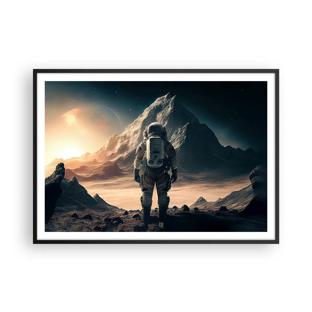 Poster in einem schwarzem Rahmen - Astronaut vor der Kulisse majestätischer Berge - 100x70cm - Neue Herausforderung - Moderne Wanddekoration für Wohnzimmer und Schlafzimmer ARTTOR
