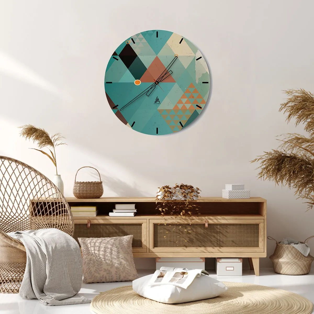 Wanduhr - Glasuhr - Eine geometrische Komposition aus Dreiecken in Grün- und Beigetönen. - 30x30cm - Einheit der Vielheit, Vielheit der Einheit - Moderne Wanddekoration für Wohnzimmer, Küche und Schlafzimmer ARTTOR