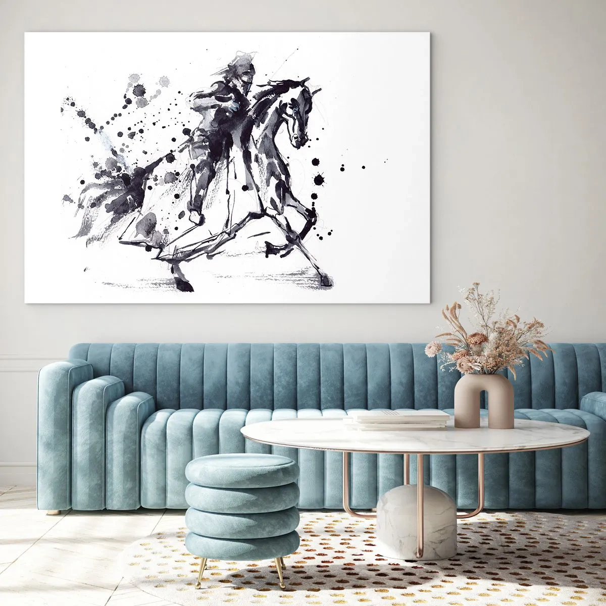 Glasbild - Bild auf glas - Schwarz-Weiß-Gemälde eines Reiters auf einem Pferd im abstrakten Stil - 70x50cm - Schwarzer Ritter - Moderne Wanddekoration für Wohnzimmer und Schlafzimmer ARTTOR