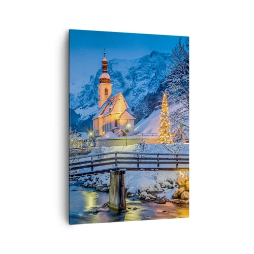 Bild auf Leinwand - Leinwandbild - Winterlandschaft mit Kirche, Brücke und Bergen in der Abenddämmerung - 70x100cm - Weihnachtsgeist - Moderne Wanddekoration für Wohnzimmer und Schlafzimmer ARTTOR