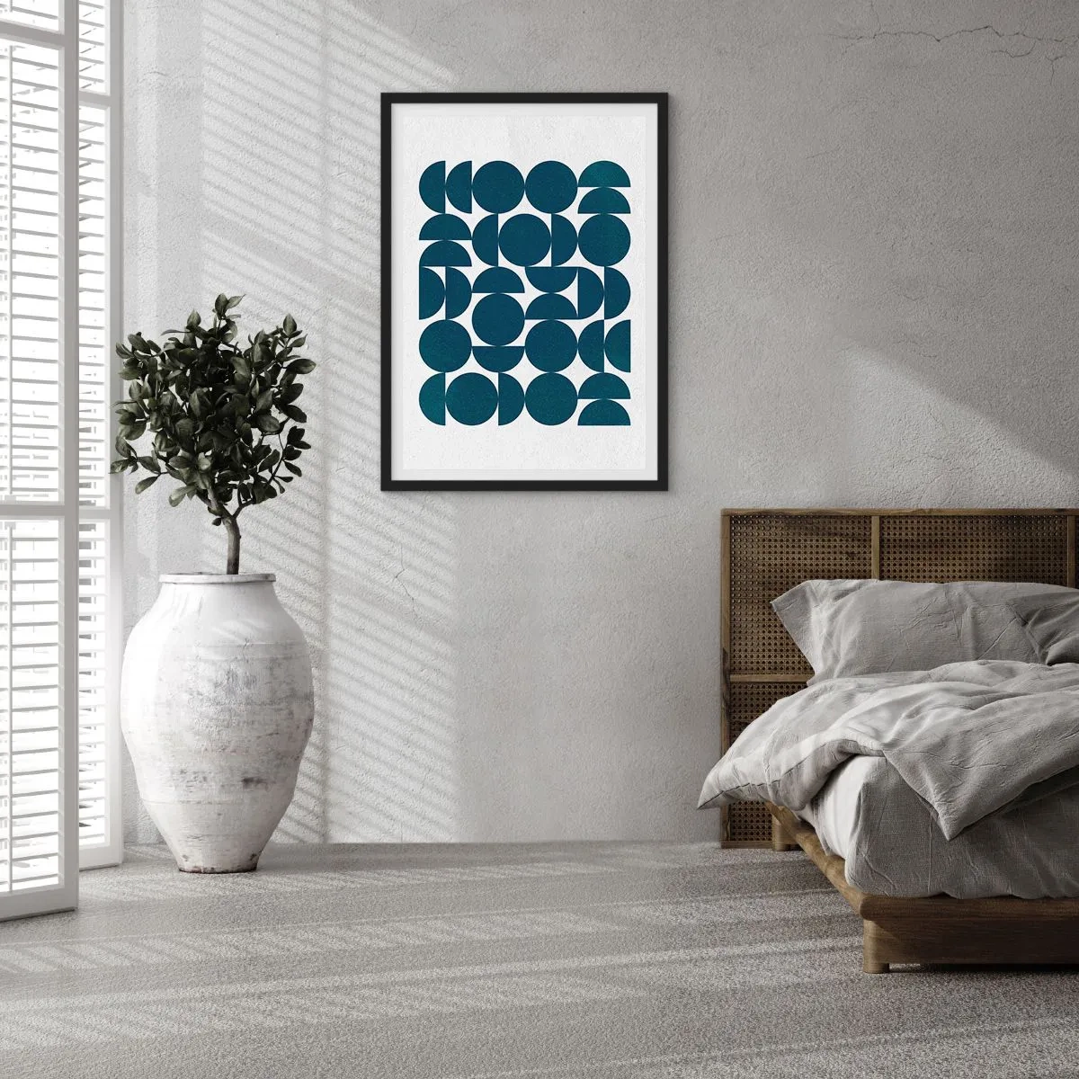 Poster in einem schwarzem Rahmen - Geometrische Komposition mit blauen Kreisen - 50x70cm - Kreise und Halbkreise - Moderne Wanddekoration für Wohnzimmer und Schlafzimmer ARTTOR