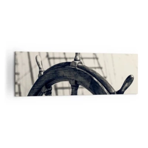 Bild auf Leinwand - Leinwandbild - Ein Segelruder im Retro-Stil mit einem Schiff im Hintergrund - 160x50cm - Meeresgeschichten - Moderne Wanddekoration für Wohnzimmer und Schlafzimmer ARTTOR