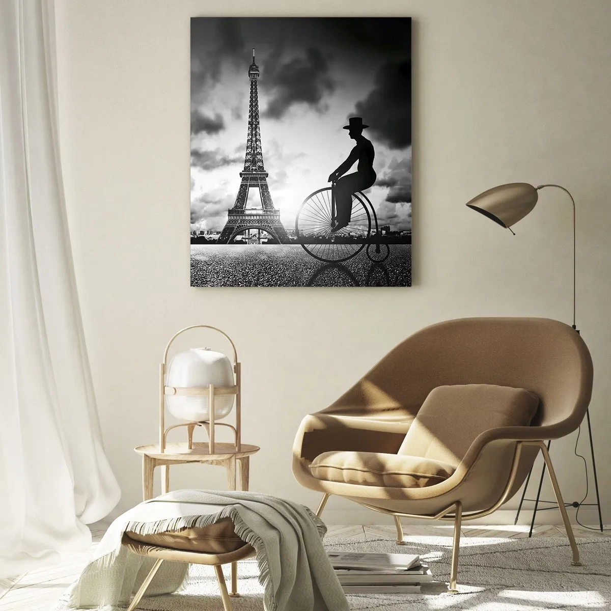 Glasbild - Bild auf glas - Eiffelturm mit Retro-Fahrrad in Schwarz und Weiß - 50x70cm - Sehnsucht nach Belle Epoque - Moderne Wanddekoration für Wohnzimmer und Schlafzimmer ARTTOR