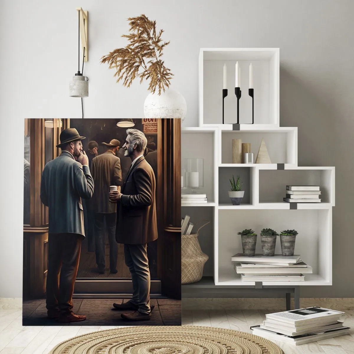 Glasbild - Bild auf glas - Männer unterhalten sich vor einem Café in einem urbanen Retro-Ambiente - 50x70cm - Gute Zeit des Tages - Moderne Wanddekoration für Wohnzimmer und Schlafzimmer ARTTOR