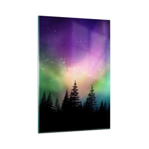 Glasbild - Bild auf glas - Aurora Borealis über einem Wald mit Sternenhimmel - 80x120cm - weiße Magie - Moderne Wanddekoration für Wohnzimmer und Schlafzimmer ARTTOR